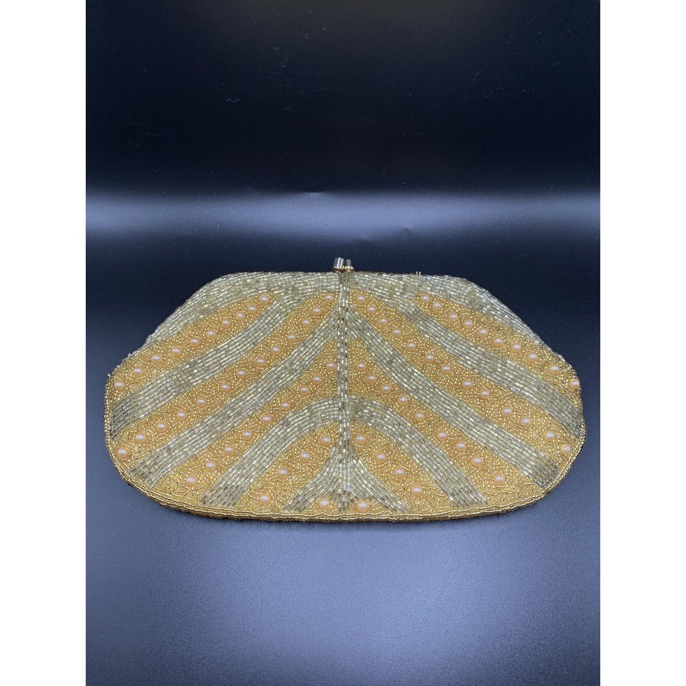 Vintage Andre Cellini Intricate‎ Gold Bead Pink Pearl Satin Interior Clutch